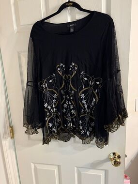 Alfani Black Mesh Sleeve Embroidered Floral Top